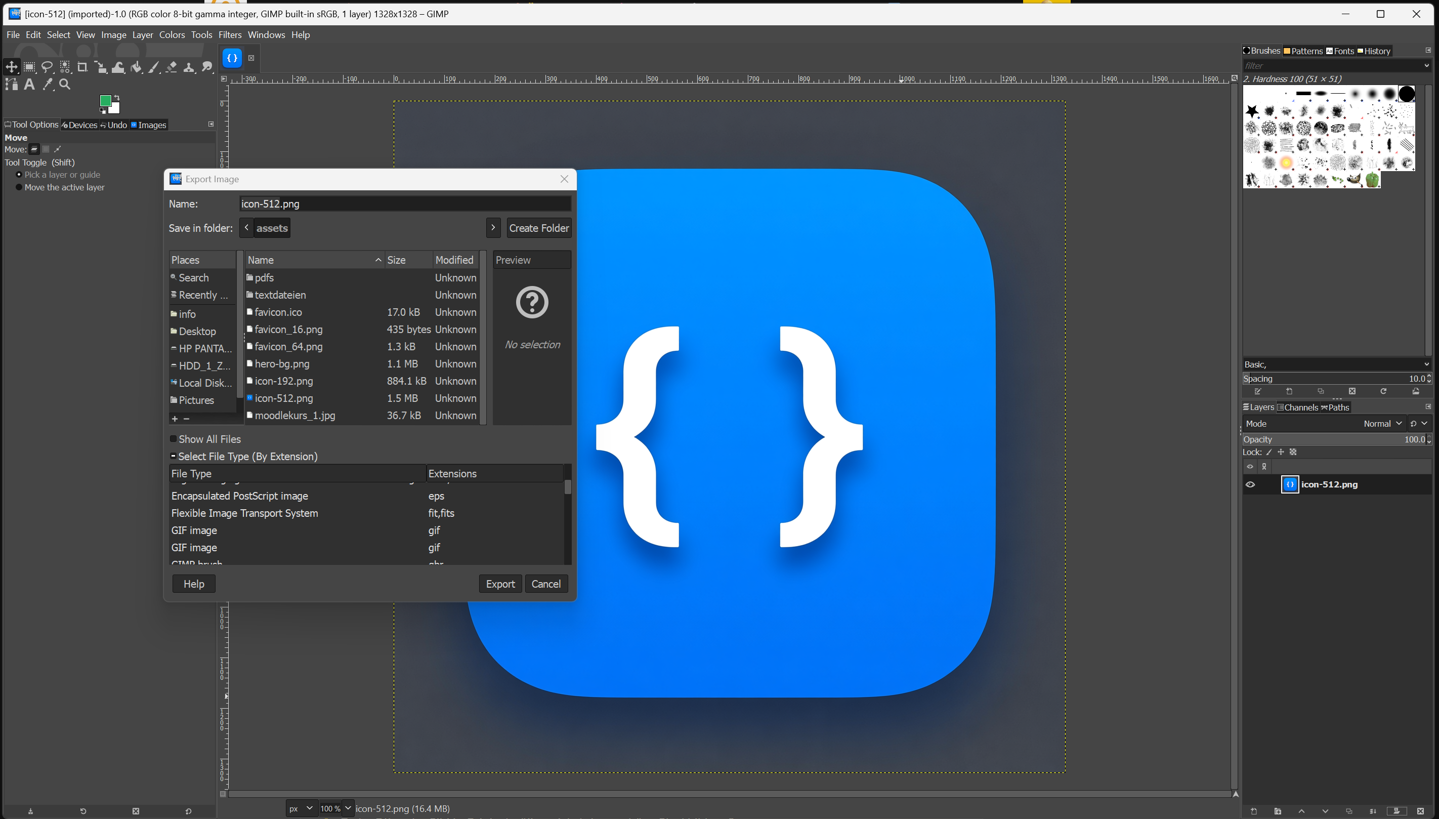 GIMP Export-Dialog mit Format- und Qualitätsauswahl