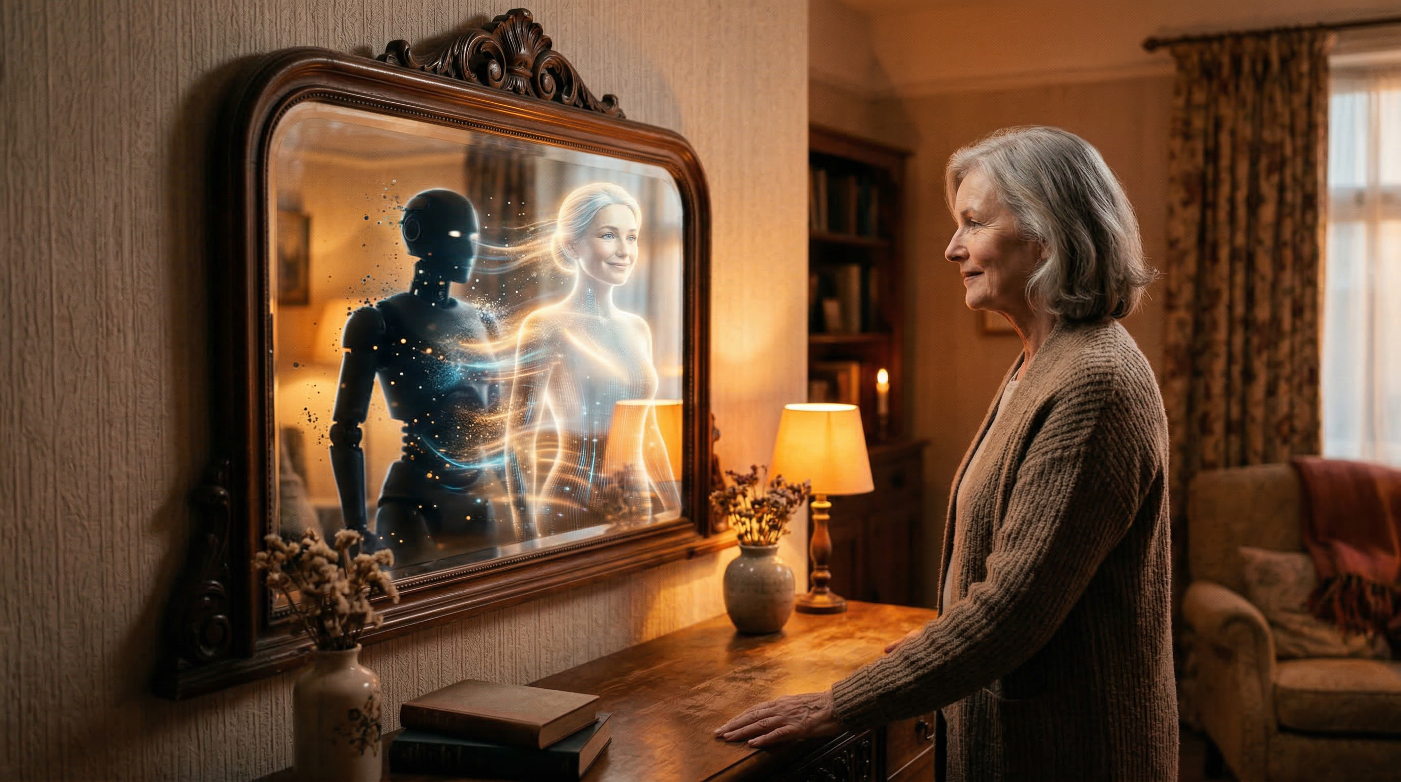 Frau betrachtet im Spiegel die Transformation vom Robotermythos zur menschlichen Realität