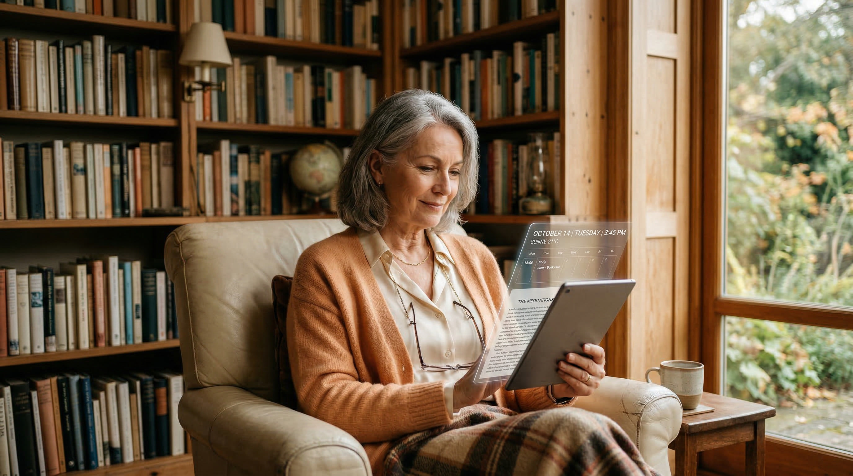 Reife Person in einer gemütlichen Studie mit Tablet und Büchern